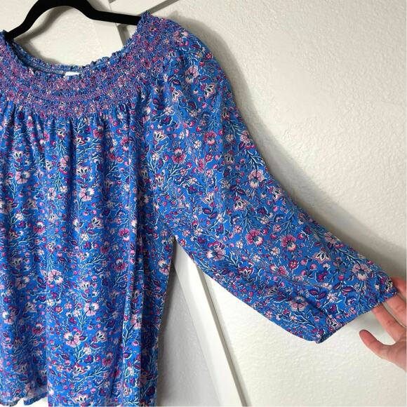 J. Jill Dainty Floral Print Soft Viscose Smocked Neck 3/4 Sleeve Blouse Sz: Lp - Picture 2 of 6